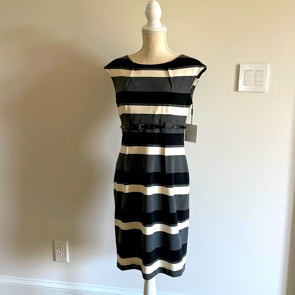 Calvin Klein cap sleeve striped dress with belt